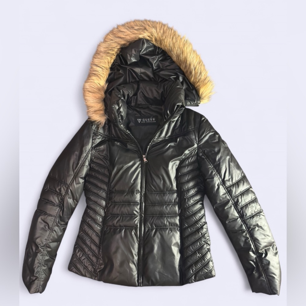 NWOT Guess Women's Shiny Black Puffer Jacket with Tan Faux Fur Hood
